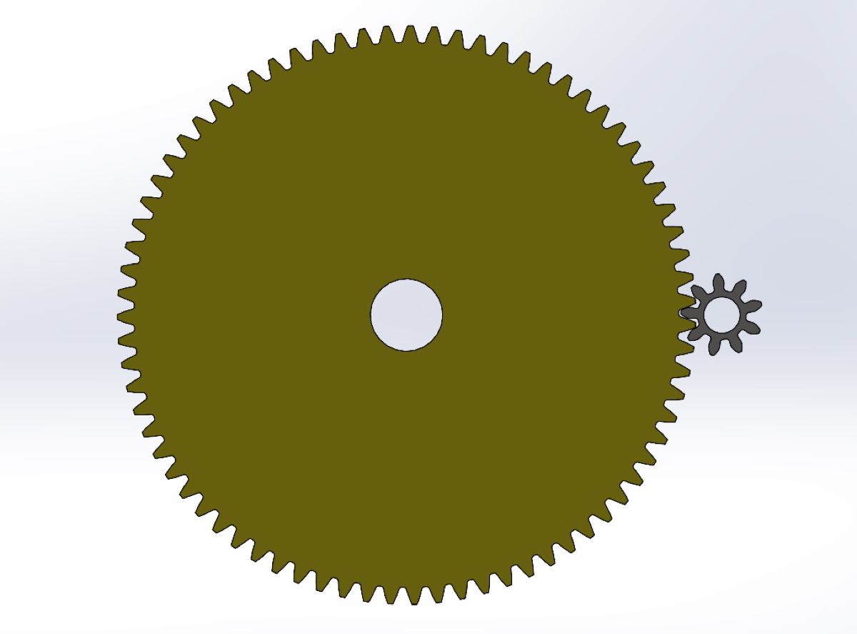 The meshing pair modelled in Onshape and rendered in SolidWorks: nylon spur gear driven by the small steel gear.