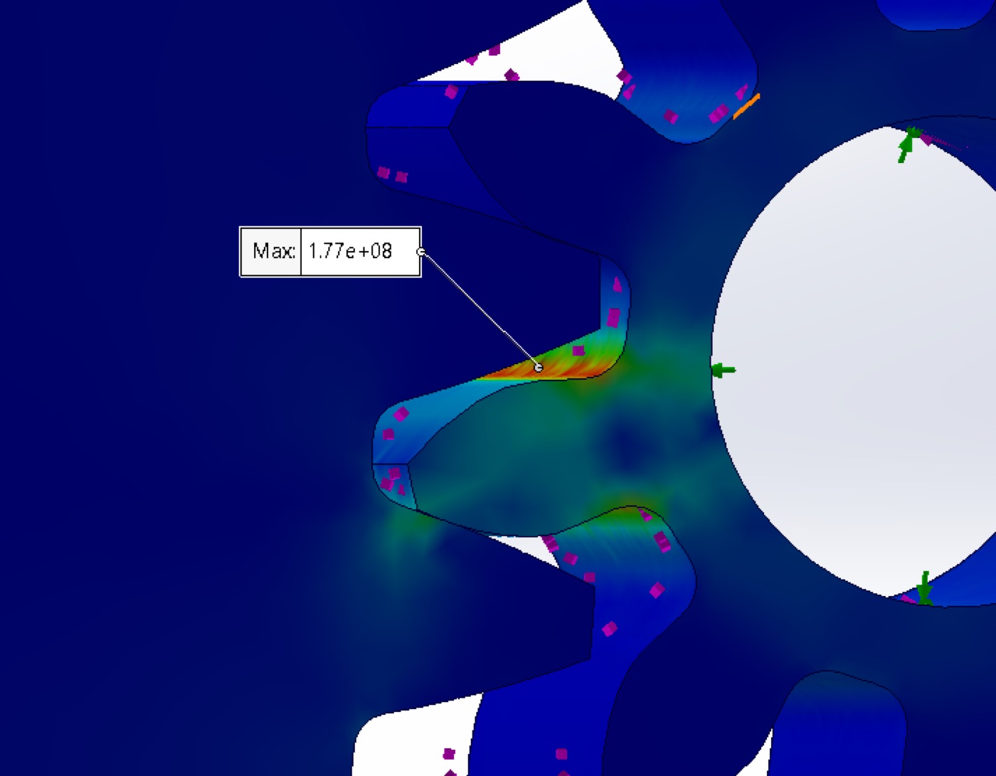 Von Mises stress at the tooth root, peaking at 177 MPa on the loaded flank.